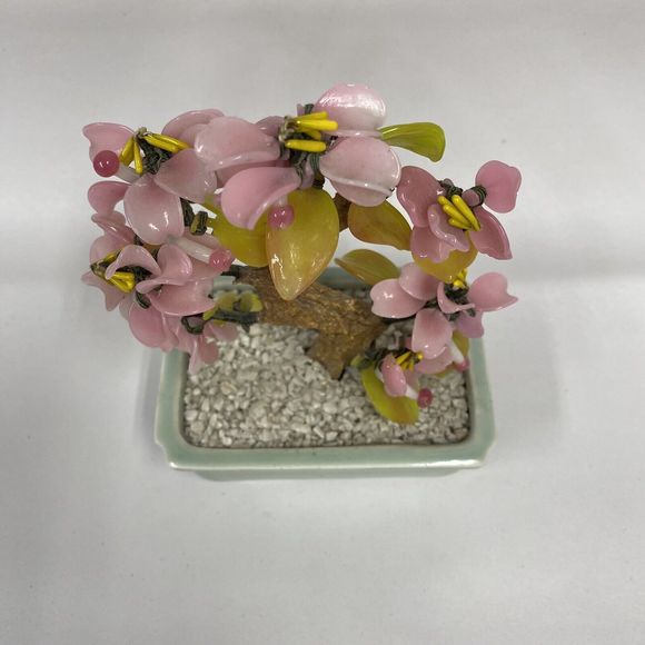Vtg Glass Bonsai Tree Pink Flowers Artificial Plant Oriental Home Decor - Picture 2 of 11